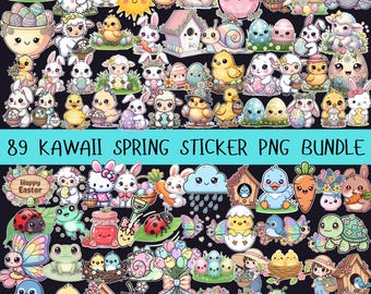 Zestaw 89 naklejek Kawaii Spring PNG, pakiet clipartów z pisankami i zajączkami wielkanocnymi, urocze naklejki z motywem kwiatowym i zwierzątkami do planerów, dzienników i sublimacji