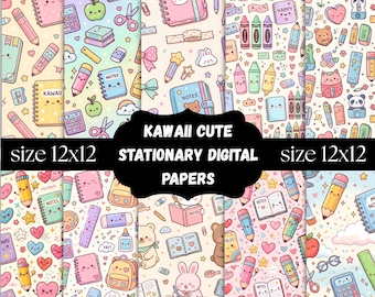 Paquete de papel digital Kawaii Cute Stationery, patrones de útiles escolares en tonos pastel, fondos imprimibles para álbumes de recortes (descarga gratuita)