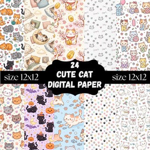 25+ Cute Cat Digital Paper Bundle | Seamless Kawaii Cat & Paw Print Patterns | 12x12 Printable JPG Backgrounds
