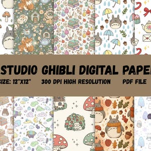 May include: Ten Studio Ghibli digital papers, each 12"x12" (approx. 30.5cm x 30.5cm), showcasing diverse patterns with Ghibli characters and themes. High-resolution (300 DPI) and provided as a PDF file.