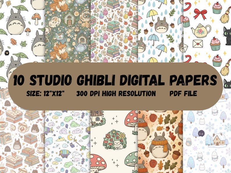 Może przedstawiać: Zestaw dziesięciu cyfrowych papier&oacute;w Studio Ghibli, każdy o wymiarach 12"x12" (około 30,5 cm x 30,5 cm), prezentujących r&oacute;żnorodne wzory z postaciami i motywami z film&oacute;w Ghibli. Wysoka rozdzielczość (300 DPI) i dostępne jako plik PDF.