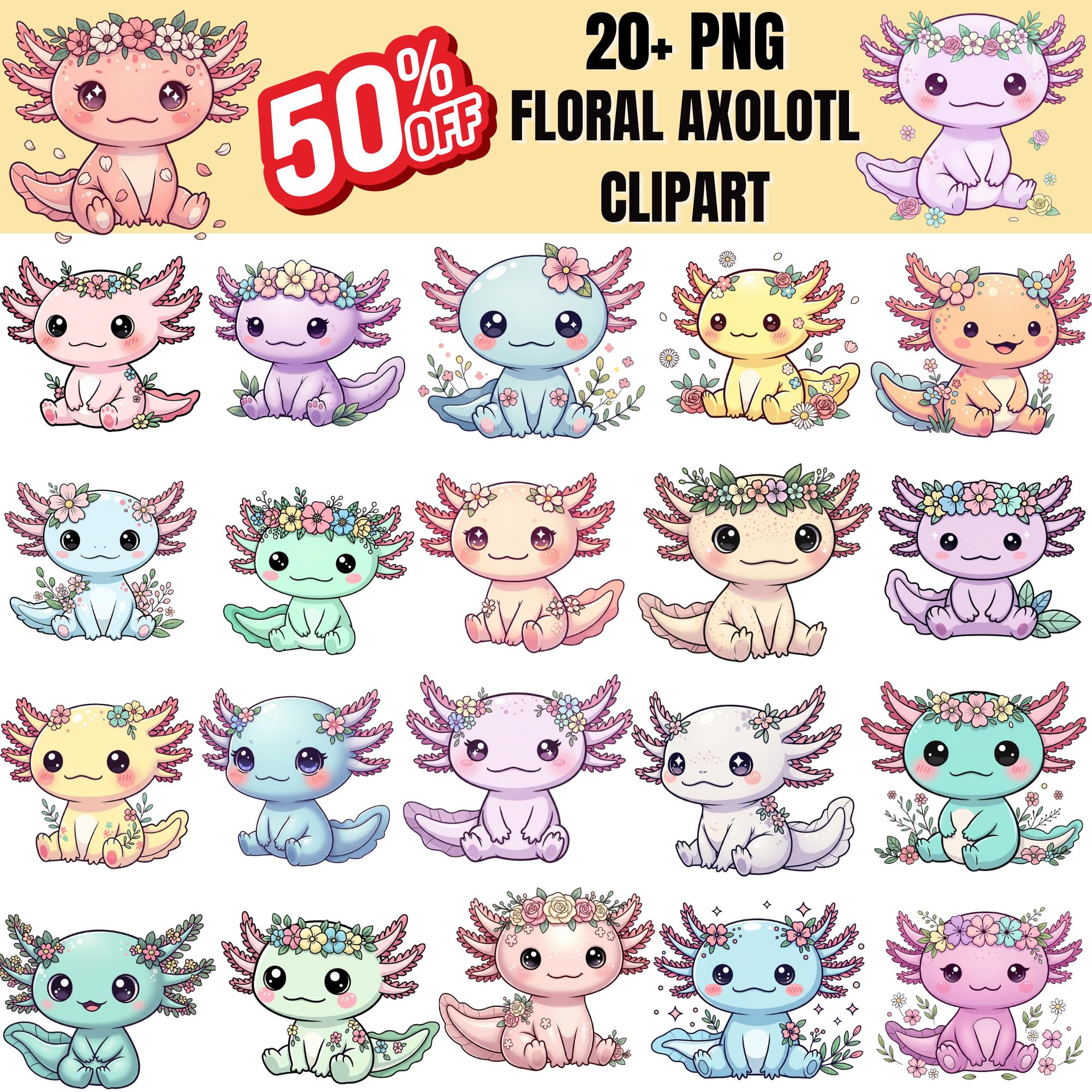 Kawaii Floral Axolotl Clipart Bundle 20+ PNG, Cute Pastel Chibi Axolotl ...