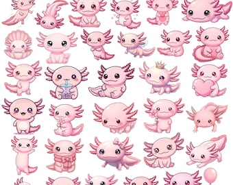 Cute Pink Axolotl PNG Bundle, Kawaii Axolotl Clipart Set, Pastel Cartoon Axolotl, Transparent Background, Digital Download