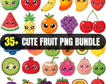 Cute Kawaii Fruit Clipart Bundle PNG, 35+ Adorable Fruity Characters, Transparent Background, Cartoon Vector, High Quality Download