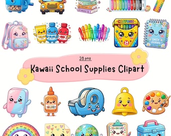 Kawaii School Supplies PNG Clipart Set | Cute Classroom Stationery Graphics | Back to School Digital Download for Crafts