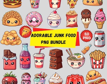 Cute Kawaii Junk Food Clipart Bundle – Adorable Fast Food & Dessert PNG Collection for Stickers, Sublimation, Kids Crafts  Digital Design