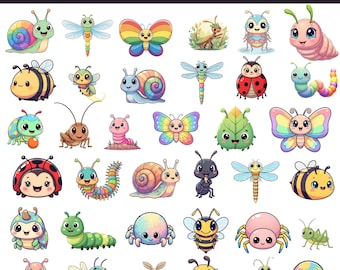 Colorful Bug Clipart Bundle 40 PNG, Cute Insect Clipart for Kids, Bugs and Critters Graphics, Classroom Decor, Scrapbook Sublimation PNG Set