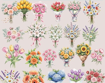 Bouquet Bliss Watercolor Flower PNG Bundle, Romantic Floral Bouquet Clipart, Roses Tulips Sunflowers Botanical Clipart