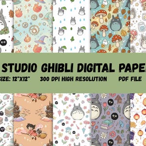 May include: Ten Studio Ghibli digital papers with various patterns featuring characters and elements from the films. Each paper measures 30.48 cm x 30.48 cm and is high resolution. The image includes text that says "10 Studio Ghibli Digital Papers".