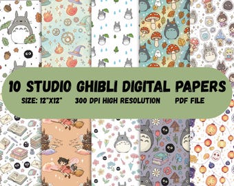 10 Studio Ghibli Digital Paper Bundle | Totoro, Howl’s Moving Castle | Cute Cartoon Patterns for Journals | Digital Download