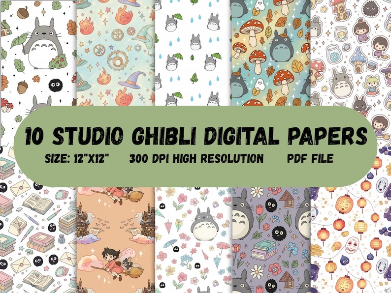 Puede incluir: Una colecci&oacute;n de diez papeles digitales de Studio Ghibli, cada uno con un patr&oacute;n &uacute;nico con personajes y elementos de las pel&iacute;culas. Los papeles miden 30,48 cm x 30,48 cm y son de alta resoluci&oacute;n. El texto dice "10 Studio Ghibli Digital Papers".