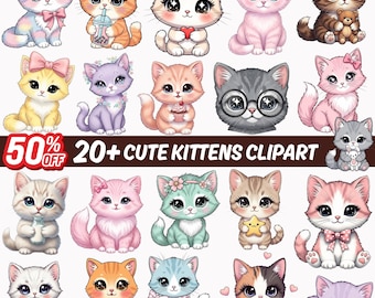 Cute Kittens Clipart Bundle PNG, Kawaii Cat Big Eyes Cats, Pastel Kitten Graphics, Digital Download for Cricut Sublimation Designs