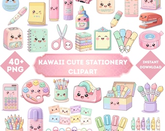Kawaii Cute Stationery PNG Bundle – 40+ Adorable School Clipart Designs, Pastel Planner Graphics for Sublimation & Crafts