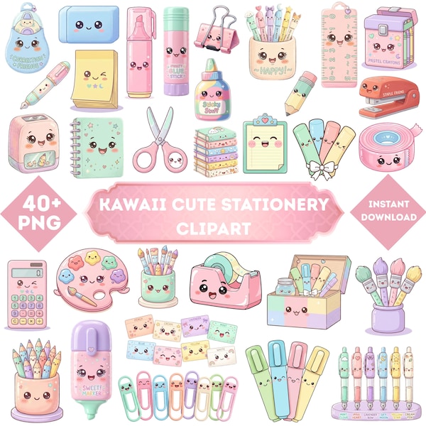 Ensemble PNG de papeterie kawaii - plus de 40 adorables modèles de cliparts scolaires, graphiques de planificateur pastel pour sublimation et travaux manuels