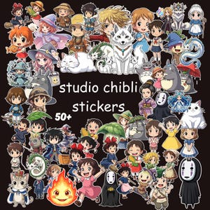 May include: A collection of over 50 Studio Ghibli chibi stickers featuring various characters from popular animated films. The stickers are colorful and feature characters like Totoro, Kiki, and No-Face, on a black background.