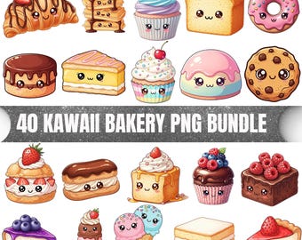 Cute Kawaii Dessert Clipart Bundle PNG, 40 Bakery Sweet Clipart, Cupcake Donut Cake Cookie Pastry PNG, Cute Food Clipart for Cricut