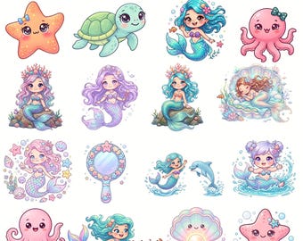 Adorable sirène, vie marine, clipart PNG | Personnages mignons de l'océan | 32 sirènes et graphismes marins en téléchargement numérique