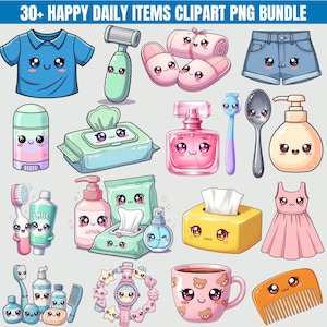 Puede incluir: Una colección de más de 30 elementos diarios felices en formato clipart PNG. La imagen presenta una variedad de ilustraciones de estilo caricatura de objetos cotidianos, incluyendo ropa, artículos de tocador y accesorios. El texto "30+ HAPPY DAILY ITEMS CLIPART PNG BUNDLE" está en la parte superior.