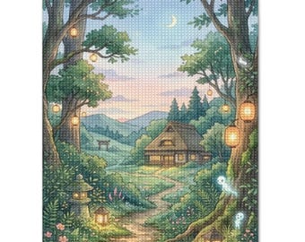 Zestaw do malowania diamentami „Domek w stylu Studio Ghibli”, diamentowa sztuka „Zaczarowana chatka w lesie”, dekoracja w formie mozaiki w stylu fantasy