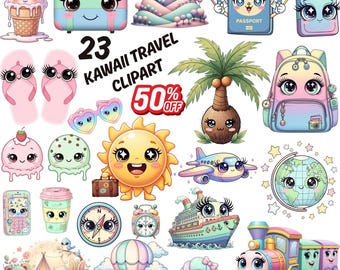 Kawaii Travel Clipart Bundle PNG, Cute Vacation Characters with Big Eyes & Eyelashes, Pastel Sticker Style, Transparent Background Cricut