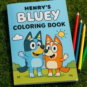 Bluey Malbuch – 50 lustige Seiten | Kinderaktivitätsbuch | Personalisierte Cover-Option