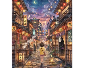Studio Ghibli Inspired Spirit Town Diamond Painting Kit | Lantern Street Fantasy Diamond Art | Full Drill DIY Craft