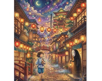 Studio Ghibli Inspired Lantern Town Diamond Painting Kit | Fantasy Spirit Street Diamond Art | Full Drill DIY Craft