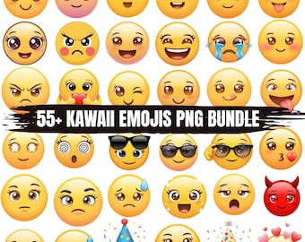 Kawaii Emoji PNG Bundle 55+ Cute Yellow Emoji Faces with Eyelashes, Transparent Background, Cartoon Emoji Pack, Digital Download