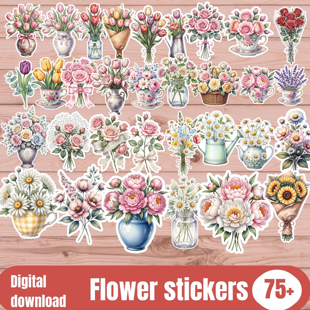 75+ Flower Sticker PNG Bundle, Vintage Floral Stickers Pack Cute ...