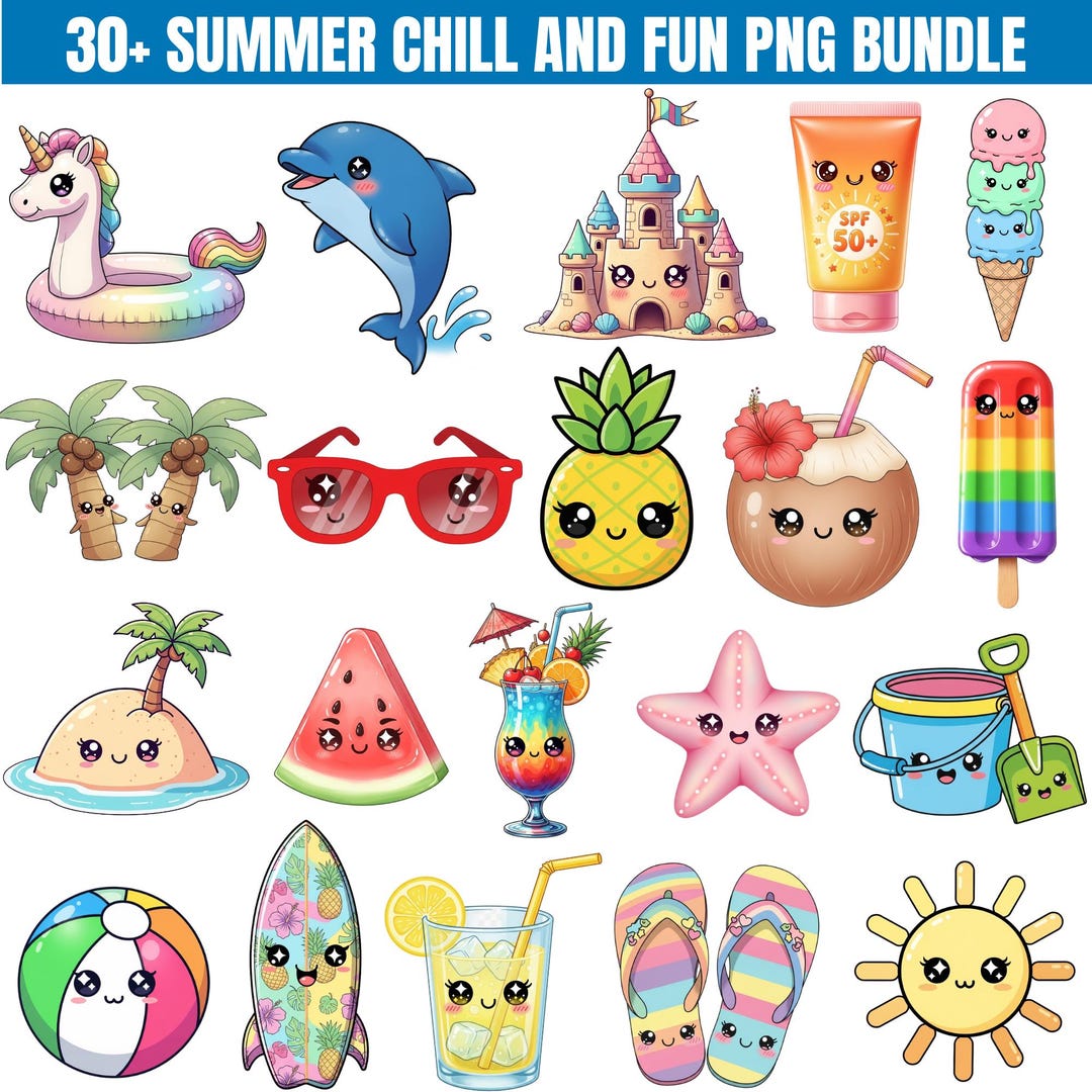 Summer Chill & Fun PNG Bundle, 30+ Kawaii Summer Clipart, Cute Tropical ...
