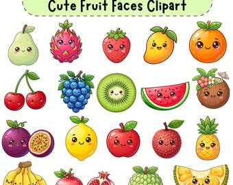 Cute Fruit Faces PNG Clipart Bundle | Kawaii Fruit Characters | 29 Fruit Graphics Digital Download for Crafts and Sublimation