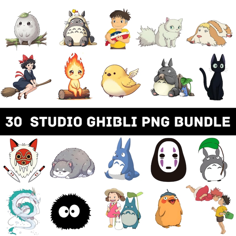 May include: A selection of 30 Studio Ghibli PNG images showcasing characters from the animated films. The images include characters such as Totoro, No-Face, and Kiki, in diverse poses and styles. The text "30 STUDIO GHIBLI PNG BUNDLE" is displayed in a black rectangle.