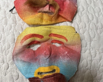 Vintage Gauze Costume Theater Masks Lot of 2 Hand Painted Beard & Mustache