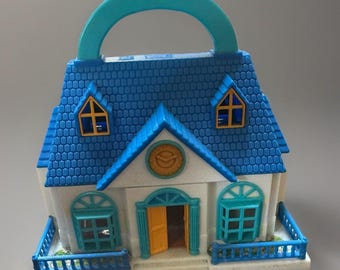 Vintage Tiny Dreams Carry Along School House Blue Box Teacher Dollhouse Playset