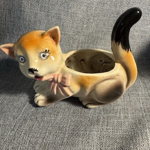 ヴィンテージ 1950年代 日本製 陶器 猫 プランター キッチュ ミッドセンチュリー 置物 弓形