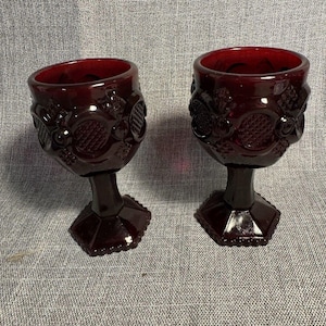 Pair of Avon Cape Cod Ruby Red Glass Goblets  Vintage Stemware