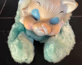 Vtg Rushton Blue Sad Pouting Kitty Cat Rubber Face Plush Toy