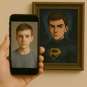 Può includere: Uno smartphone mostra una persona con una maglietta grigia, tenuta davanti a un ritratto incorniciato. Il ritratto raffigura la stessa persona come un supereroe in costume blu e oro, con uno sfondo di paesaggio urbano.
