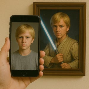 Può includere: Uno smartphone mostra un ritratto di un giovane con i capelli biondi, che rispecchia un dipinto incorniciato di un personaggio che tiene una spada laser. Il dipinto è in una cornice di legno. L'immagine suggerisce un tema di arte, ritratti e cultura pop.