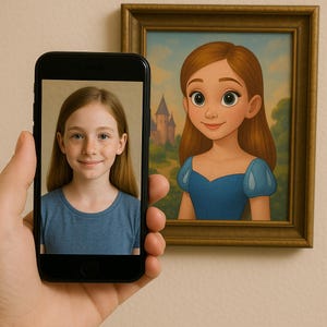 Può includere: Uno smartphone mostra una foto di una ragazza con lunghi capelli rossi e una maglietta blu. Accanto al telefono c'è un ritratto di cartone animato incorniciato di una ragazza con i capelli castani e un vestito blu, in una cornice dorata.