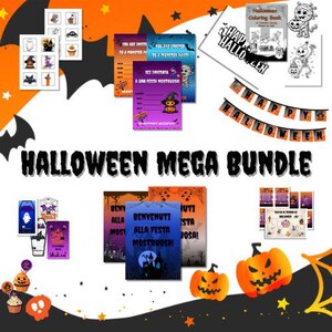 Può includere: Un Halloween Mega Bundle con vari articoli a tema. Include inviti, libri da colorare, decorazioni per cupcake e uno striscione con "Happy Halloween". L'immagine presenta colori arancione e nero, con decorazioni di zucche e pipistrelli.
