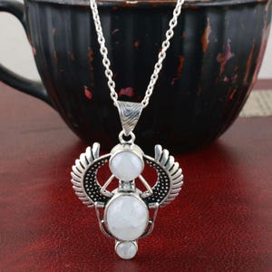 Moonstone Scarab Pendant Necklace, Egyptian Winged Beetle Jewelry, Silver Plated Brass Boho Amulet, Spiritual Moonstone Talisman Gift
