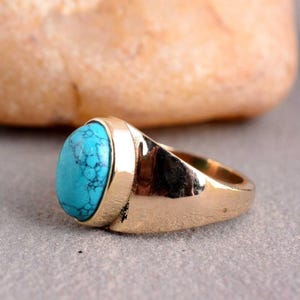 14K Gold Turquoise Ring, Classic Turquoise Stone Ring, Gold Band Turquoise Ring, Mens Signet Ring, Husband Gift, Gift For Men, Dainty ring