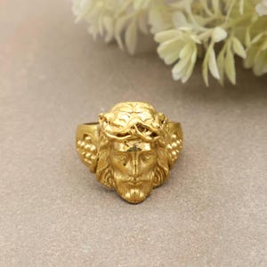 Jesus Face Brass Ring | Religious Christian Jewelry | Handmade Gold Tone Faith Ring for Men & Women, Jewelry for Her