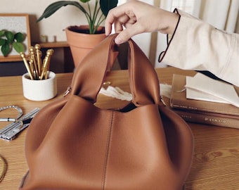 Soft Leather Dumpling Shoulder Bag, Minimalist Handbag, Beige Cowhide Bag