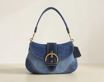 Blue Denim Monogram Shoulder Bag with Buckle Detail-Personalized Gift,Christmas Gifts,fashion womens bag,leather bag for her, gift for mom