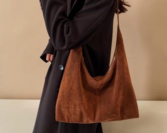 Real Suede Leather Hobo Bag Slouch Tote bag with Zipped Purse  -leather shoulder bag - fashion womens bag - gift for wife -Personalized Gift