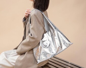 Personalised Metallic Leather Slouch Bag,Boho Shoulder Bag with Purse,Wedding Bag,fashion womens bag,gift for wife,Best women gift,Women bag