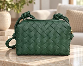 Genuine Woven Leather Crossbody Bag for Women – Small Camera Purse with Knotted Strap and Zipper Closure