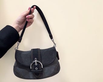 Demim Black Genuine  Leather Monogram Shoulder Bag with Buckle Detail, black tote bag, classic shoulder bag, mothers day gift, birthday gift